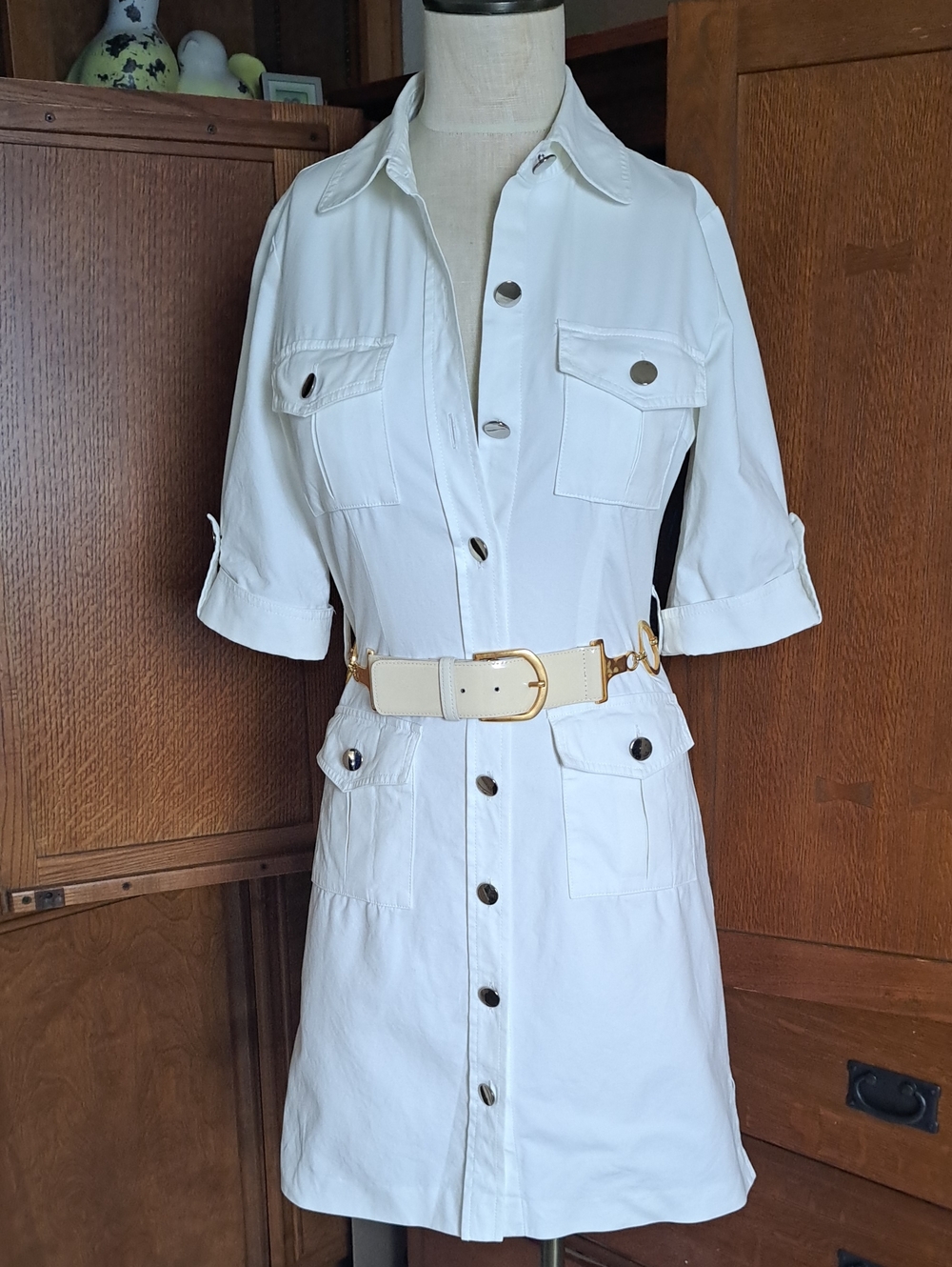 Milly of New York Ivory Utility Shirt Dress Gold Chain Belt Size 2